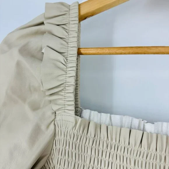 7 For All Mankind Womens Beige Smocked Square Neck Balloon Sleeve Mini Dress L - Picture 6 of 12